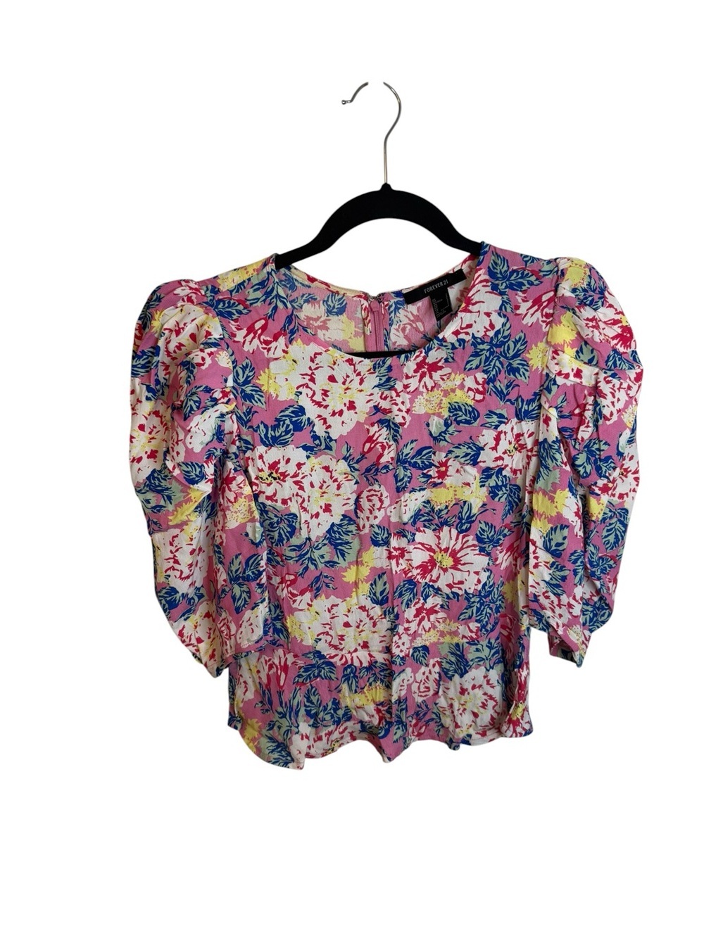 Forever 21 Colorful Floral Puff Sleeve Peplum Peasant Top